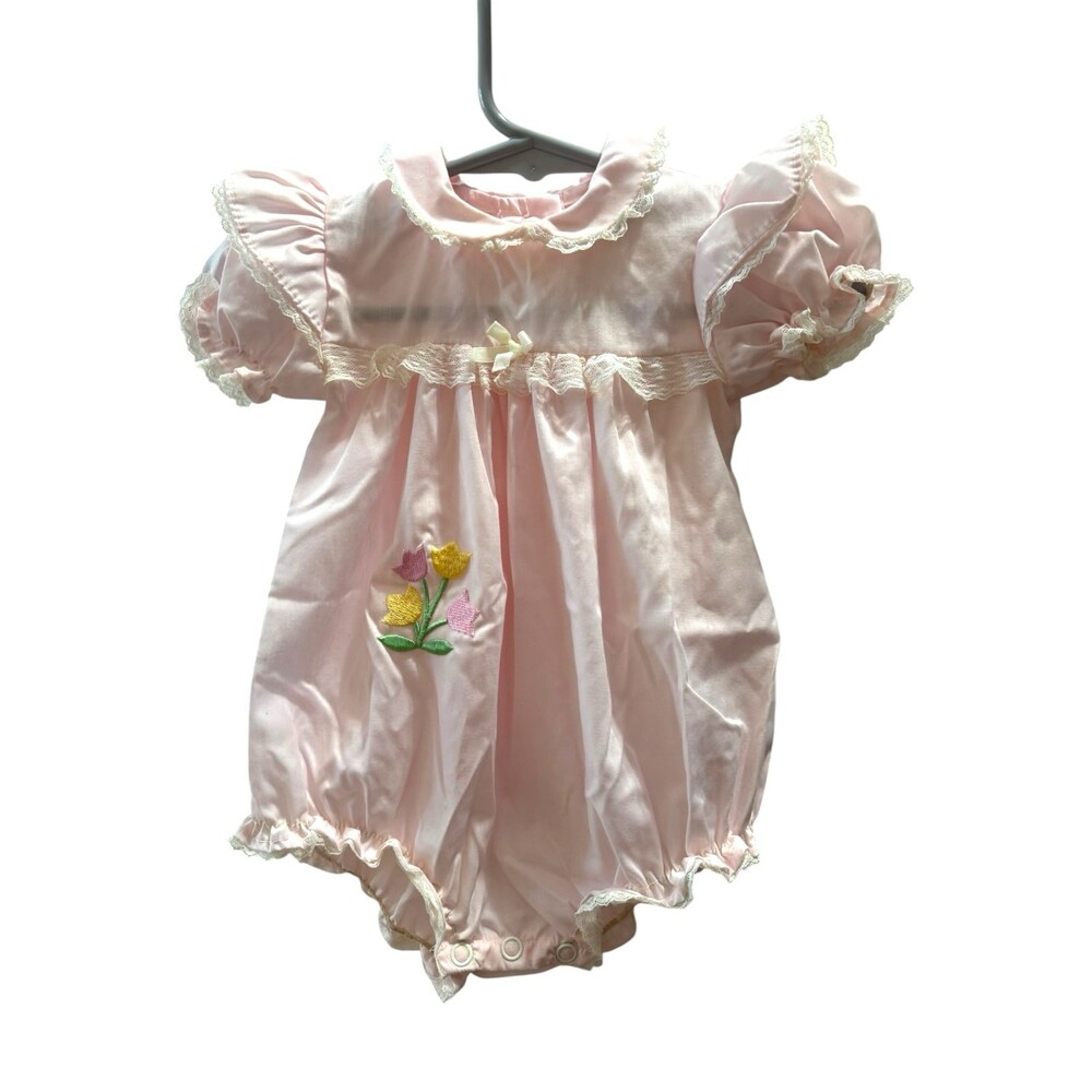 Vintage 80s Pink Lace Embroidered  Bubble Baby Girl Romper 3 Mo Alexis